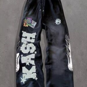 Black Graphic Sweatpants with White Flames